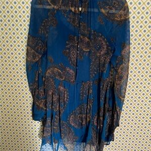 Free People Blue and Brown Long Sleeve Dress